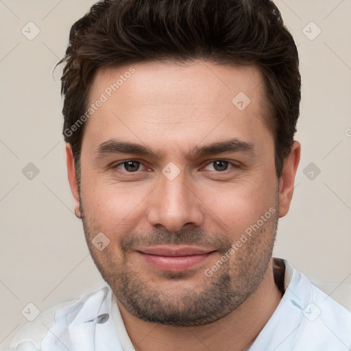 Joyful white young-adult male with short  brown hair and brown eyes