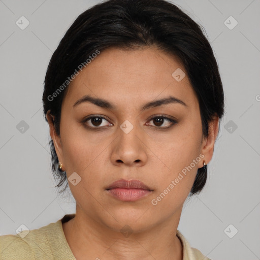 Neutral asian young-adult female with short  brown hair and brown eyes