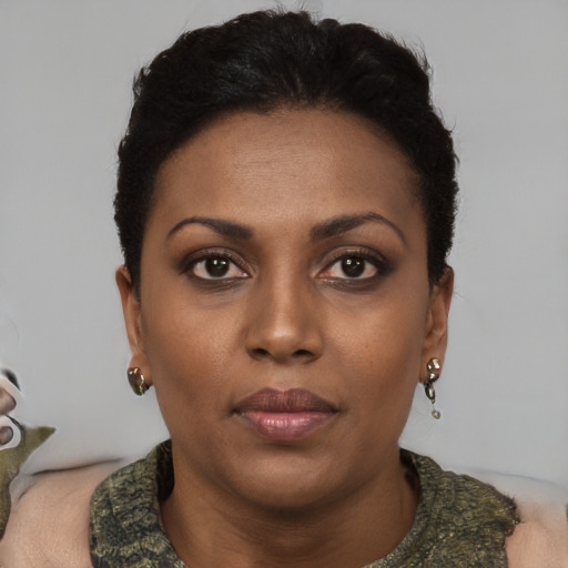 Neutral black young-adult female with short  brown hair and brown eyes