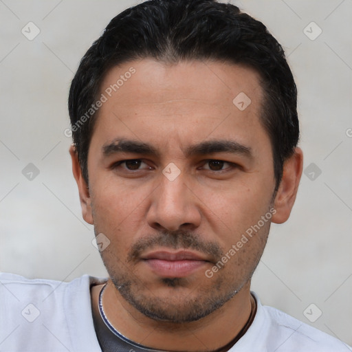 Neutral white young-adult male with short  black hair and brown eyes