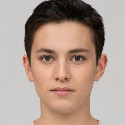 Neutral white young-adult male with short  brown hair and brown eyes