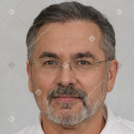 Neutral white middle-aged male with short  gray hair and brown eyes