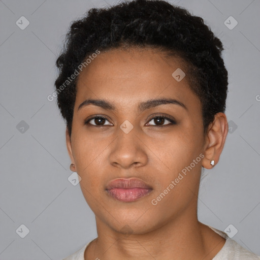 Neutral black young-adult female with short  brown hair and brown eyes