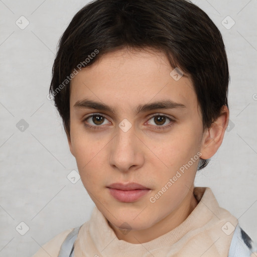 Neutral white young-adult female with short  brown hair and brown eyes