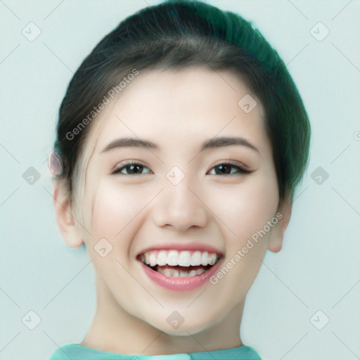 Joyful white young-adult female with short  black hair and brown eyes