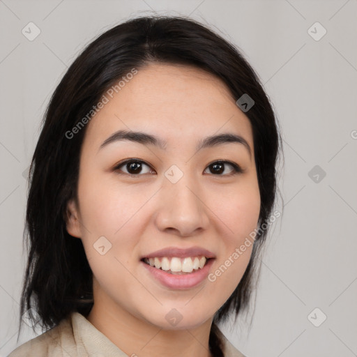 Joyful white young-adult female with medium  black hair and brown eyes