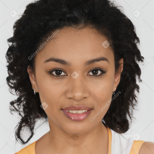 Joyful latino young-adult female with medium  black hair and brown eyes