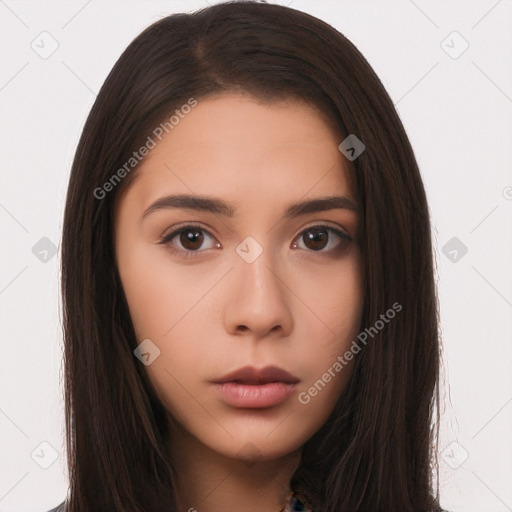 Neutral asian young-adult female with long  brown hair and brown eyes