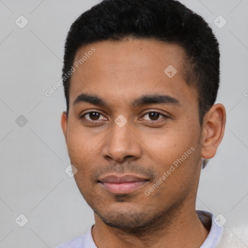 Neutral latino young-adult male with short  black hair and brown eyes