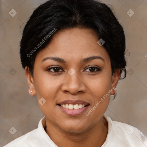 Joyful latino young-adult female with short  brown hair and brown eyes