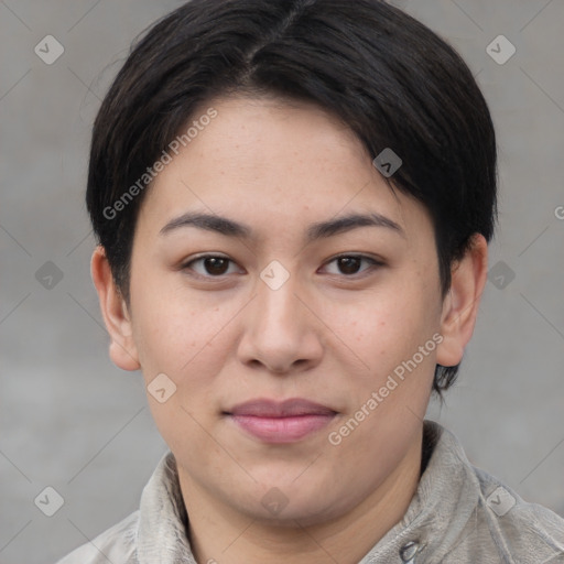 Joyful asian young-adult female with short  brown hair and brown eyes