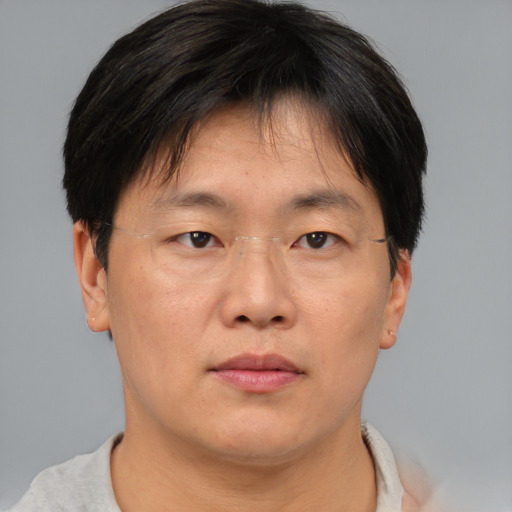 Neutral asian adult male with short  brown hair and brown eyes
