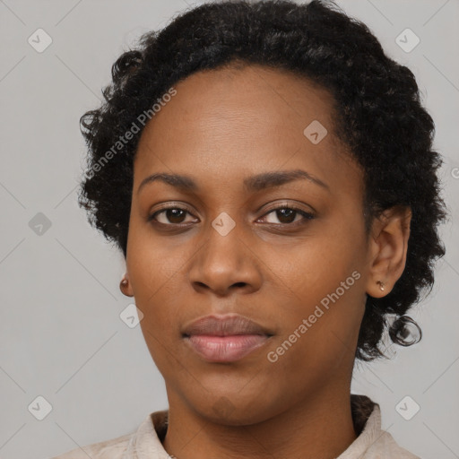 Neutral black young-adult female with short  black hair and brown eyes