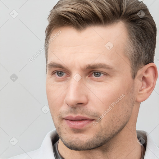 Neutral white adult male with short  brown hair and brown eyes