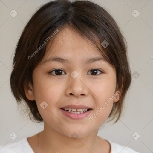 Joyful white child female with medium  brown hair and brown eyes