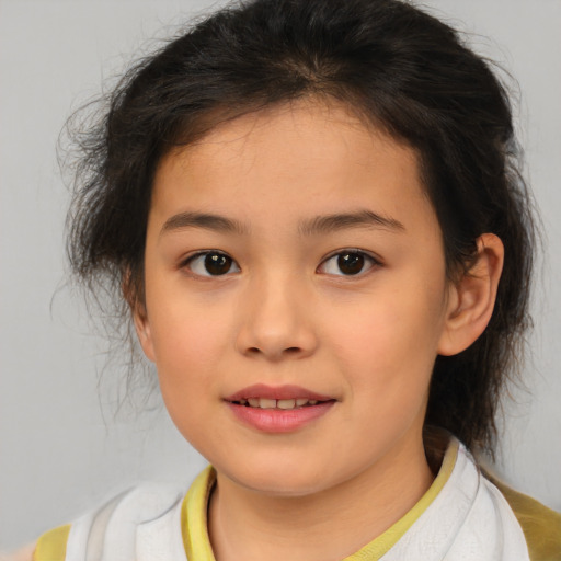 Joyful white child female with medium  brown hair and brown eyes