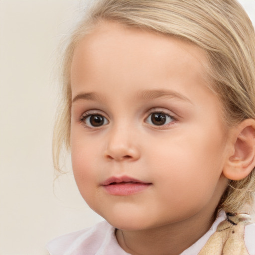 Joyful white child female with medium  brown hair and blue eyes