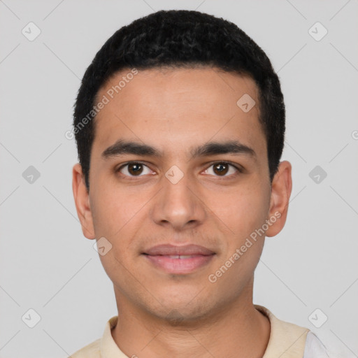 Joyful latino young-adult male with short  black hair and brown eyes