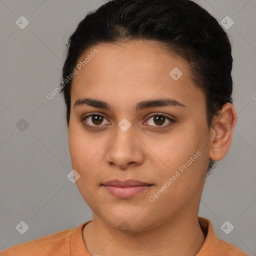 Joyful latino young-adult female with short  brown hair and brown eyes