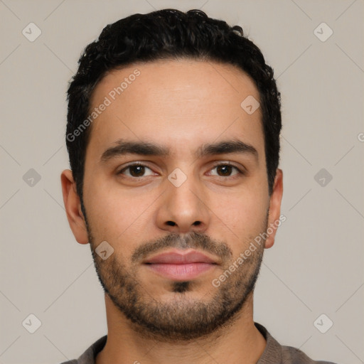 Neutral latino young-adult male with short  black hair and brown eyes