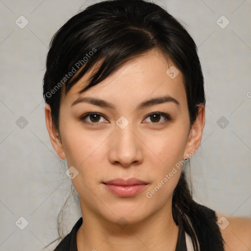 Neutral white young-adult female with medium  brown hair and brown eyes