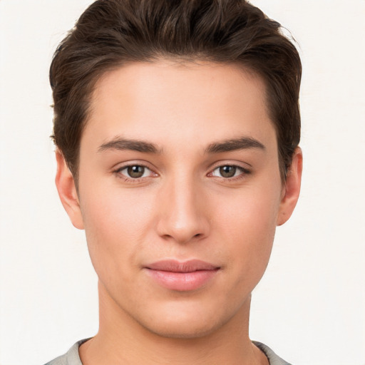 Neutral white young-adult male with short  brown hair and brown eyes