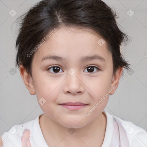 Joyful white child female with medium  brown hair and brown eyes