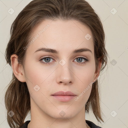 Neutral white young-adult female with medium  brown hair and grey eyes