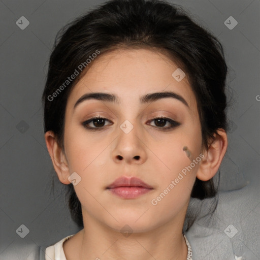 Neutral asian young-adult female with long  brown hair and brown eyes