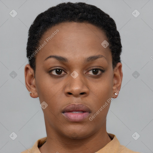 Neutral black young-adult female with short  brown hair and brown eyes