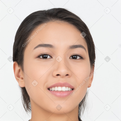 Joyful asian young-adult female with long  black hair and brown eyes