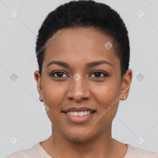 Joyful latino young-adult female with short  brown hair and brown eyes