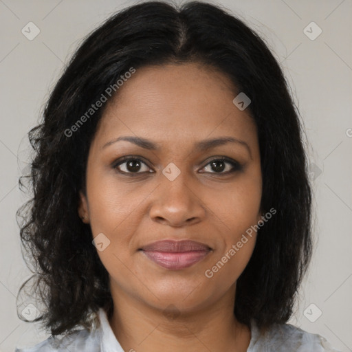 Joyful black young-adult female with medium  brown hair and brown eyes