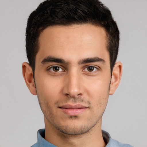 Neutral white young-adult male with short  brown hair and brown eyes