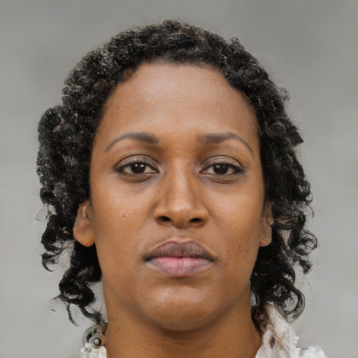 Neutral black young-adult female with medium  brown hair and brown eyes