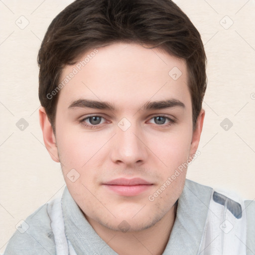 Neutral white young-adult male with short  brown hair and grey eyes