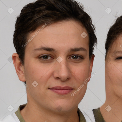 Joyful white young-adult female with short  brown hair and brown eyes