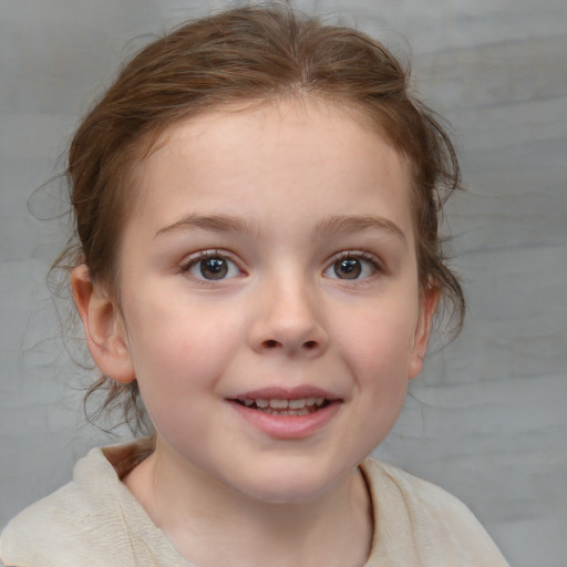 Joyful white child female with medium  brown hair and blue eyes