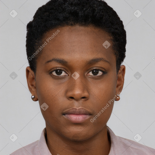 Neutral black young-adult female with short  brown hair and brown eyes