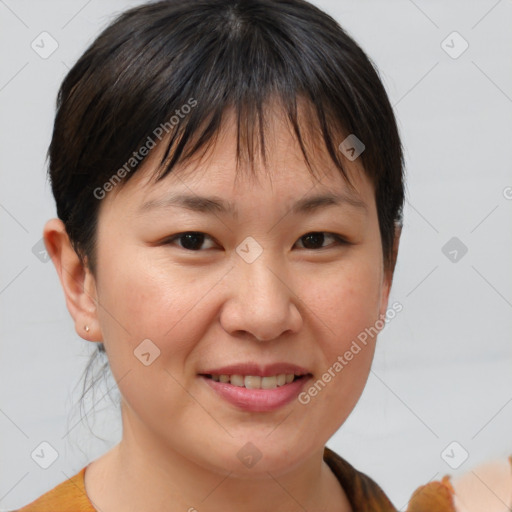 Joyful white young-adult female with medium  brown hair and brown eyes