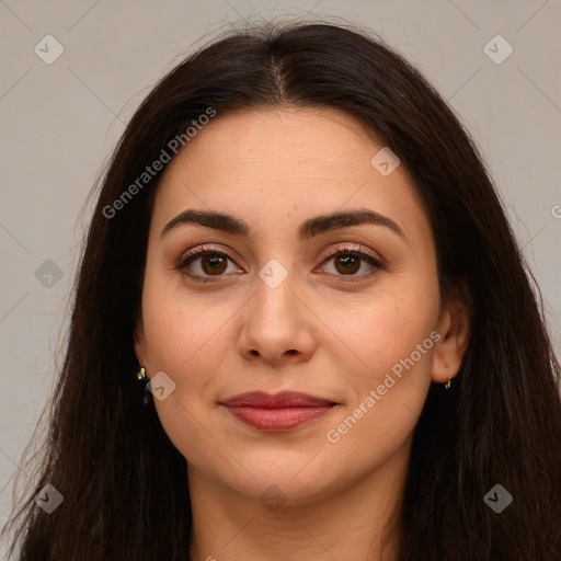 Joyful white young-adult female with long  brown hair and brown eyes