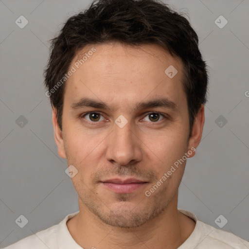 Neutral white young-adult male with short  brown hair and brown eyes