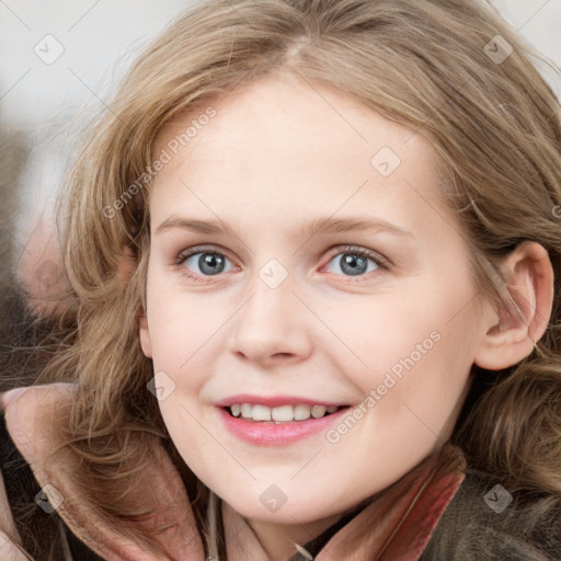 Joyful white young-adult female with long  brown hair and blue eyes