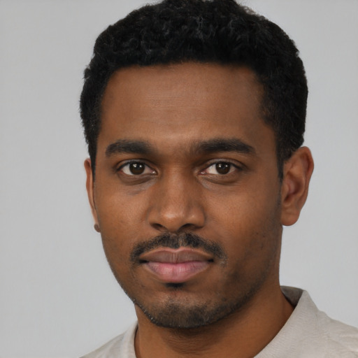 Neutral black young-adult male with short  black hair and brown eyes