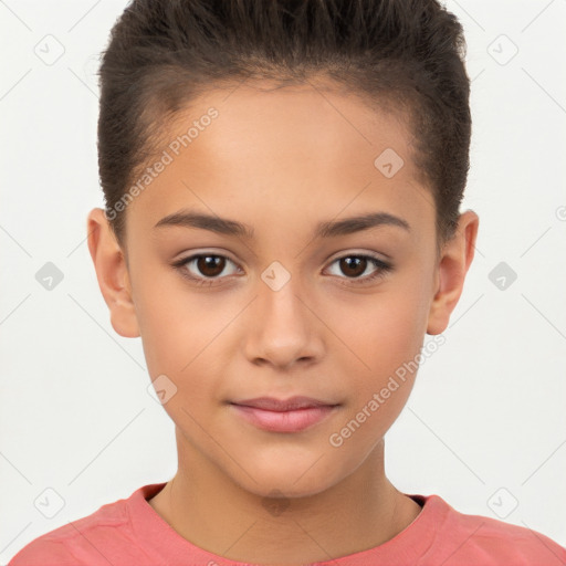 Joyful white child female with short  brown hair and brown eyes