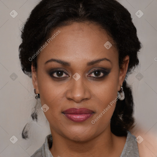 Joyful black young-adult female with medium  black hair and brown eyes