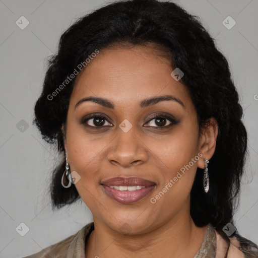 Joyful black young-adult female with medium  brown hair and brown eyes