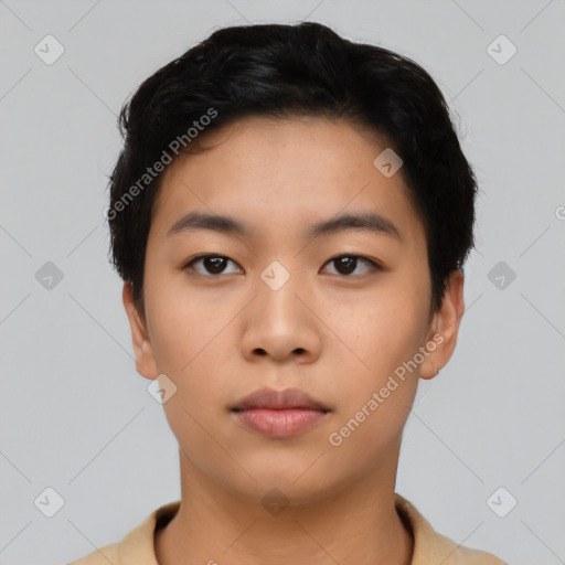 Neutral asian young-adult male with short  black hair and brown eyes