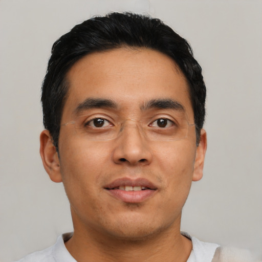 Neutral asian young-adult male with short  black hair and brown eyes