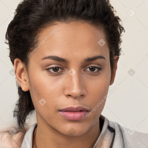 Neutral white young-adult female with short  brown hair and brown eyes